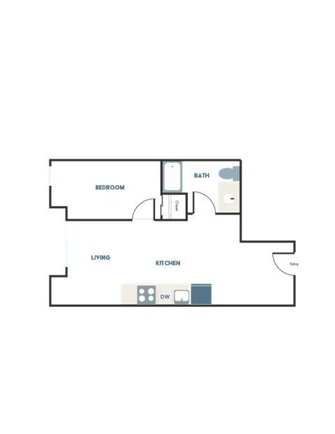 A floor plan of a house with a living room, dining room, kitchen, bathroom, and entry.